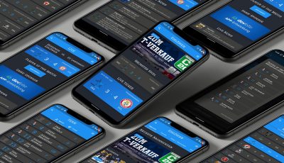 Viele Smartphones liegen nebeneinander und zeigen Screenshots von den App Features der Eislöwen App.
