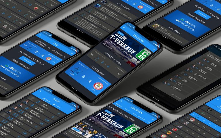Viele Smartphones liegen nebeneinander und zeigen Screenshots von den App Features der Eislöwen App.